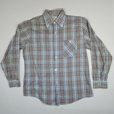 VTG 70s Sears Shirt Mens Large Gold Blue White Plaid Button Up Perma Prest Top