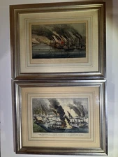 Pair  CURRIER AND IVES ORIGINAL PRINTs FRAMED CIVIL WAR NAVAL BATTLES C1214 C590