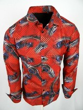 Red Abstract Floral Shirt Mens Slim Fit Designer Fashion Button Up Gold Foil