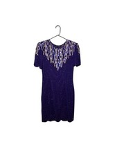 Vintage Blue Beaded Silk Dress Size 8 Sequin Glam Holiday 80's Halloween Costume