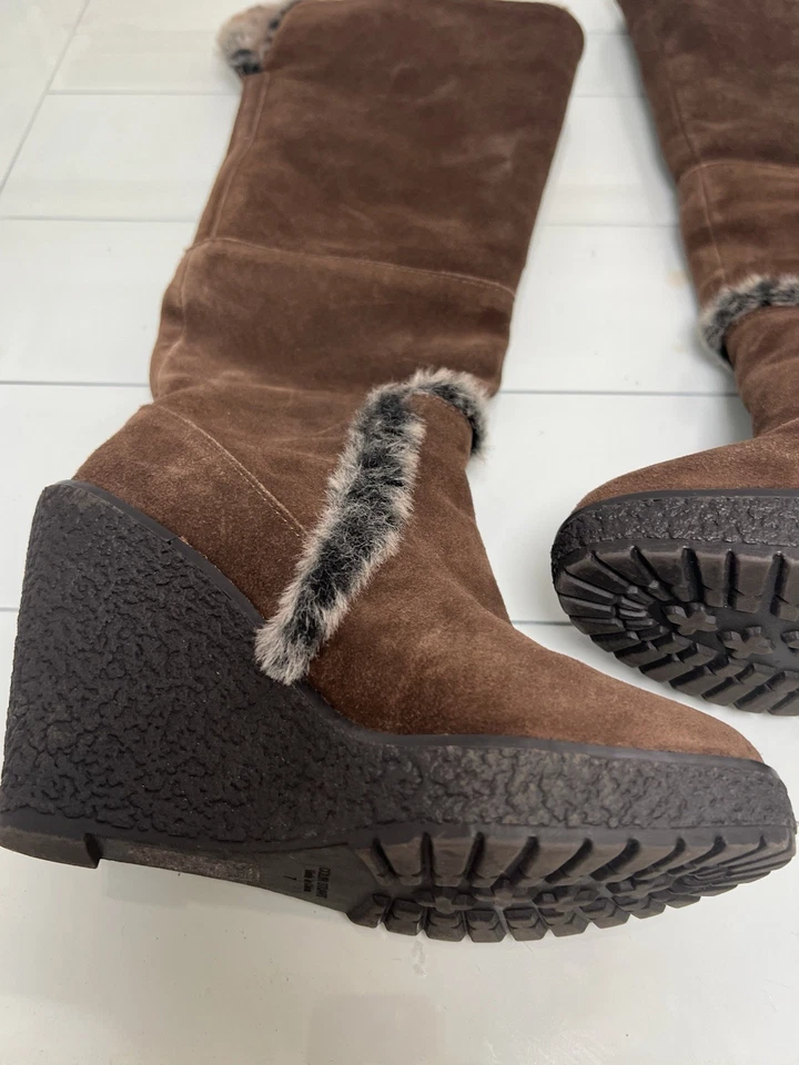 Colin Stuart Brown Suede Faux Fur Lined Knee High Wedge Boots Size 7 - Image 3 of 4