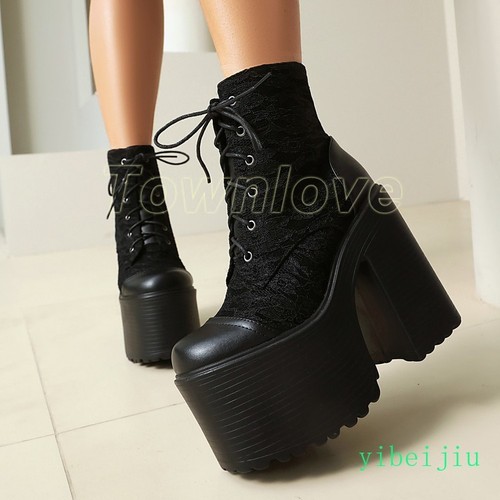 Women Super High Block Heel Platform Thick Sole Ankle Boots Lace Up Knight Shoes - Bild 8 von 26