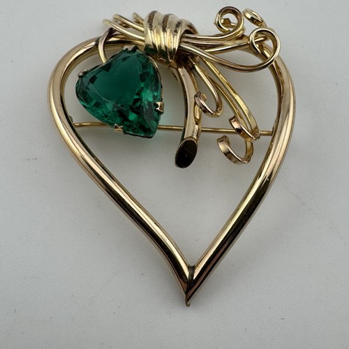 Vintage lata 40-50 podpisana broszka Walter Lampl 12K wypełnione złotem serce szmaragdowe stras - Zdjęcie 4 z 9