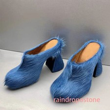 Women Fur Mules Shoes Platform Slippers Fashion High Chunky Heels Large Shoes