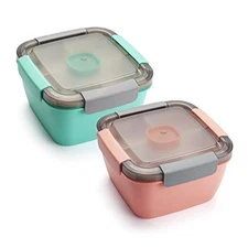 Freshmage Salad Lunch Containers To Go, 2 Pack 52-oz Bowls with 3 Pink+Green