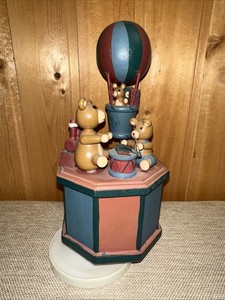 Vintage Wooden Teddy Bear Music Box Hot Air Balloon Carousel Figurine