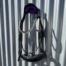Brand New Rolled Double Bridle Full Black - Crystal Browband - Patent noseband