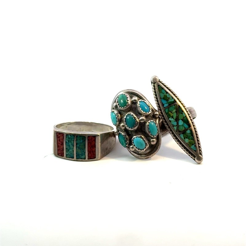 3 Vintage Native American Sterling Silver Turquoise Ring Lot 19g