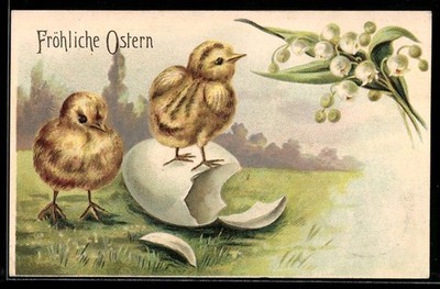 Embossed postcard: Two small Easter chicks with an egg, 1906