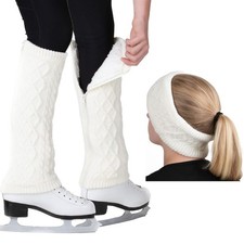Leg Warmers and Headband Set for Figure Skating with Zipper. Fleece Lined Kni...