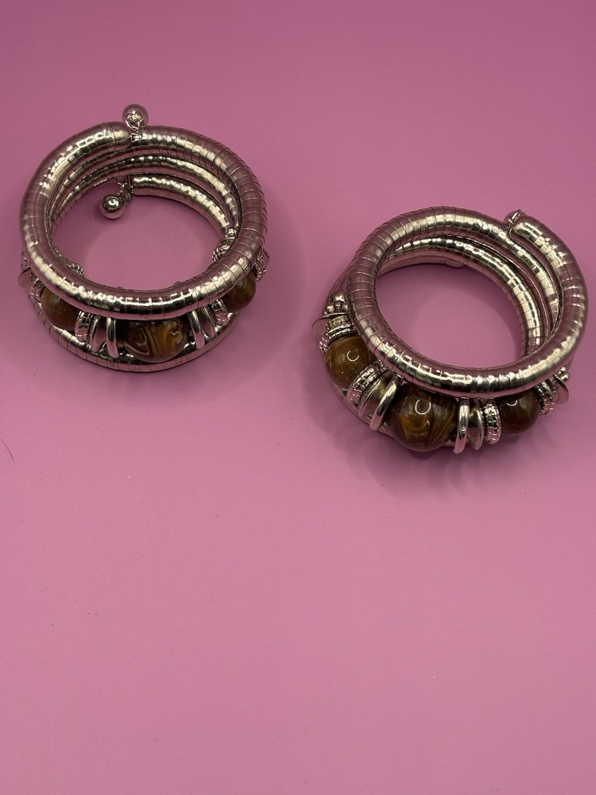 Hoop Earrings Tiger's Eye Stone Brown Silver Metal Round Fashion Continuous-image