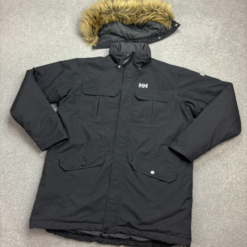 Helly Hansen Jacket Adult Medium Black Parka Insulated Hood Lined Rain Coat Men - Image 2 of 4