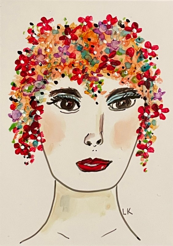 ACEO original woman Lady flowers brown eyes painting by Lynne Kohler 2.5x3.5"