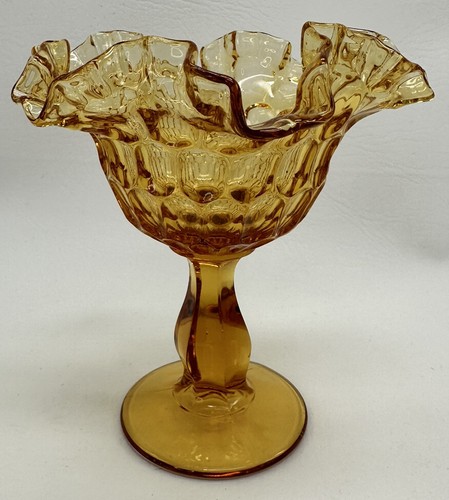 Vintage BEAUTIFUL AMBER FENTON CRIMPED FOOTED Thumbprint COMPOTE GLASS BOWL - 第 1/12 張圖片