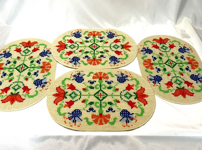VTG CROSS STITCH PLACEMATS, Retro/MCM Design,  Orange, Blue, Green on Beige (4)