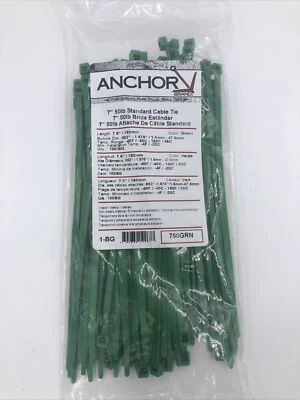 7" Green Nylon Cable Zip Ties 50LB. USA MADE, 100pk - Anchor 750GRN