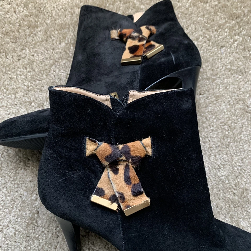 NEW $179 Talbots Meegan Leopard Bow Black Suede Boots Size 10 - Image 3 of 4