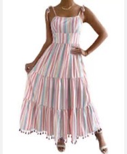 Chickwish Rainbow Stripe Maxi Dress Womens L Tiered Tassel Hem Sundress NWT