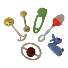 Lot of (6) Vintage 1940s Celluloid Baby Rattles Crib Toys - Diaper Pin, Plakie