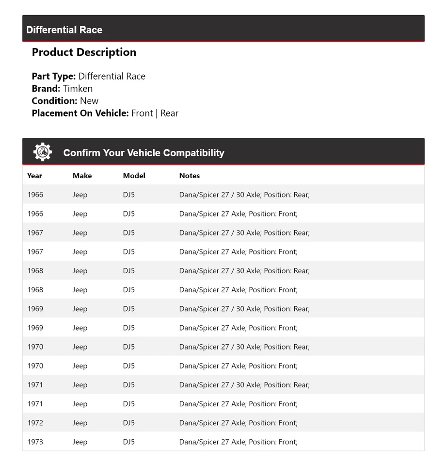 Para Jeep DJ5 1966-1973 Diferencial Carrera Timken 1967 1968 1969 1970 1971 1972 Foto 2 de 4