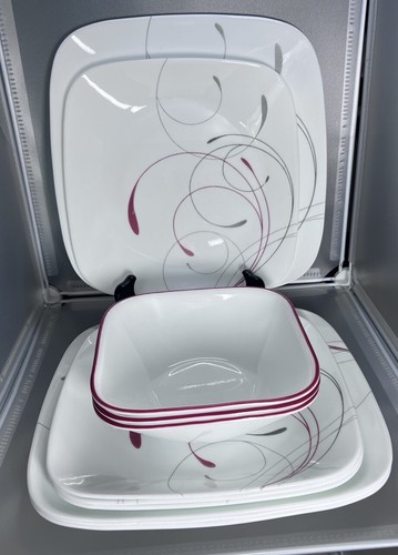 Corelle Splendor 11 Pc Red Gray Swirls Square 10.5” Plates 9” Plates 6.25” Bowls - Picture 2 of 12