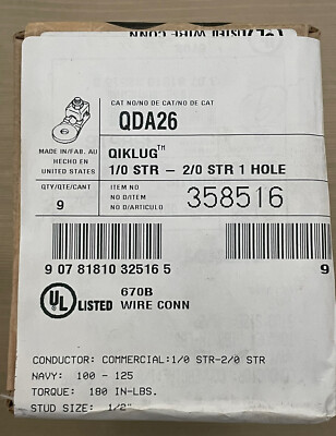 Box Of 9 Burndy Qiklug QDA26 Mechanical Lugs #1/0 to #2/0 AWG - 1/2  Stud 358516