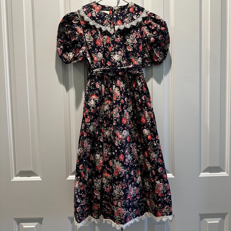 Vintage Laura Ashley Mother & Child Floral Girls Dress Sz 9 Navy Blue Lace Trim*