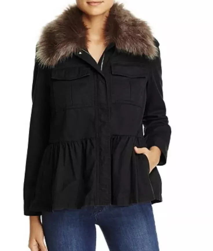 Kate Spade Wool Blend Faux Fur Trim Military Jacket Coat Full Zip Size Small