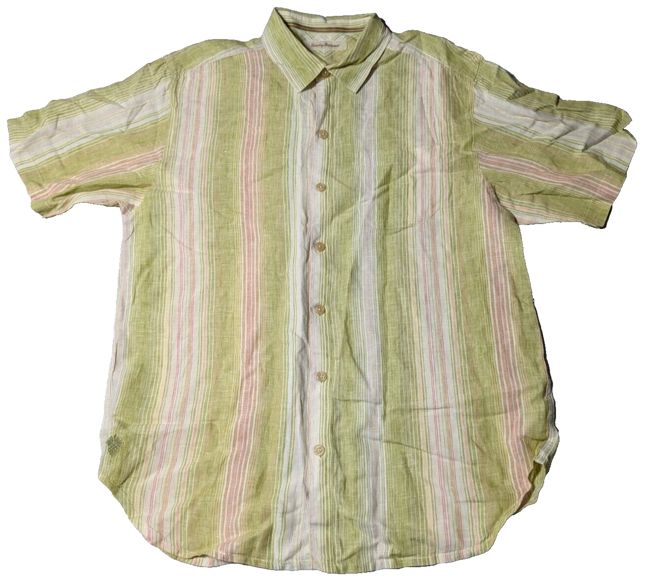 TOMMY BAHAMA LINEN Men Large Green Pink Striped Button-Up Shirt EUC