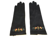 DESIGNER LADIES BLACK SATIN DRESS GLOVESWITH EMBROIDERED FLOWERS UNLINED SIZE 6