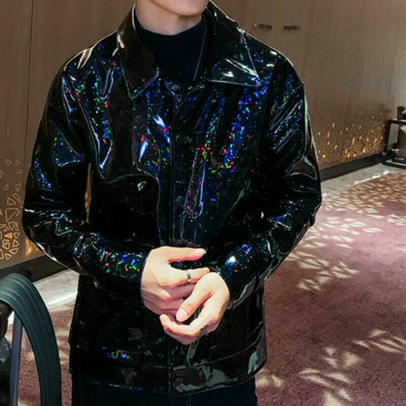 Men Fashion Youth Biker Punk Glitter Jacket Shiny Coats Blazer