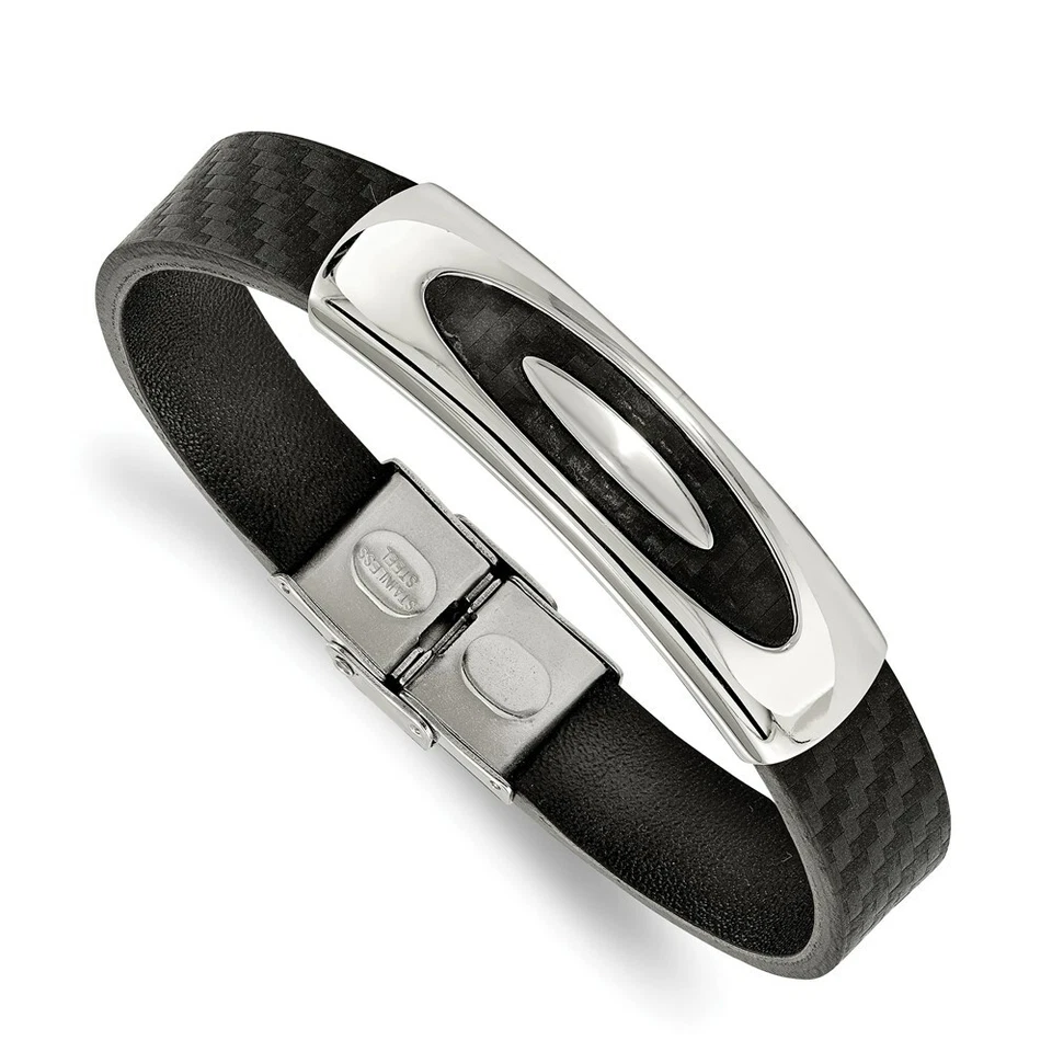 Chisel Men's Bracelet Stainless Steel Polished Weaved Black Leather, 8 inch