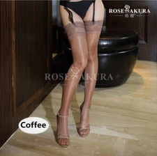 Womens Glossy Oil Shiny Sheer Lace Top Thigh High Silk Stockings Hold Ups
