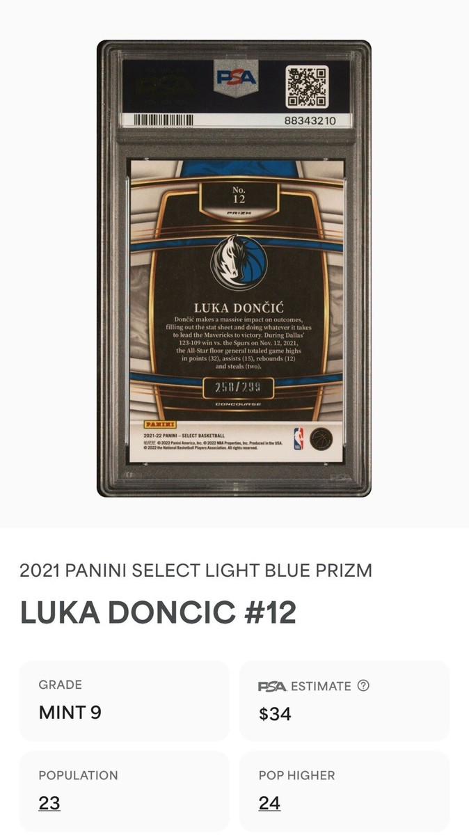 2021-22 Panini Select Luka Doncic Light Blue Prizm #'d /299 Psa 9