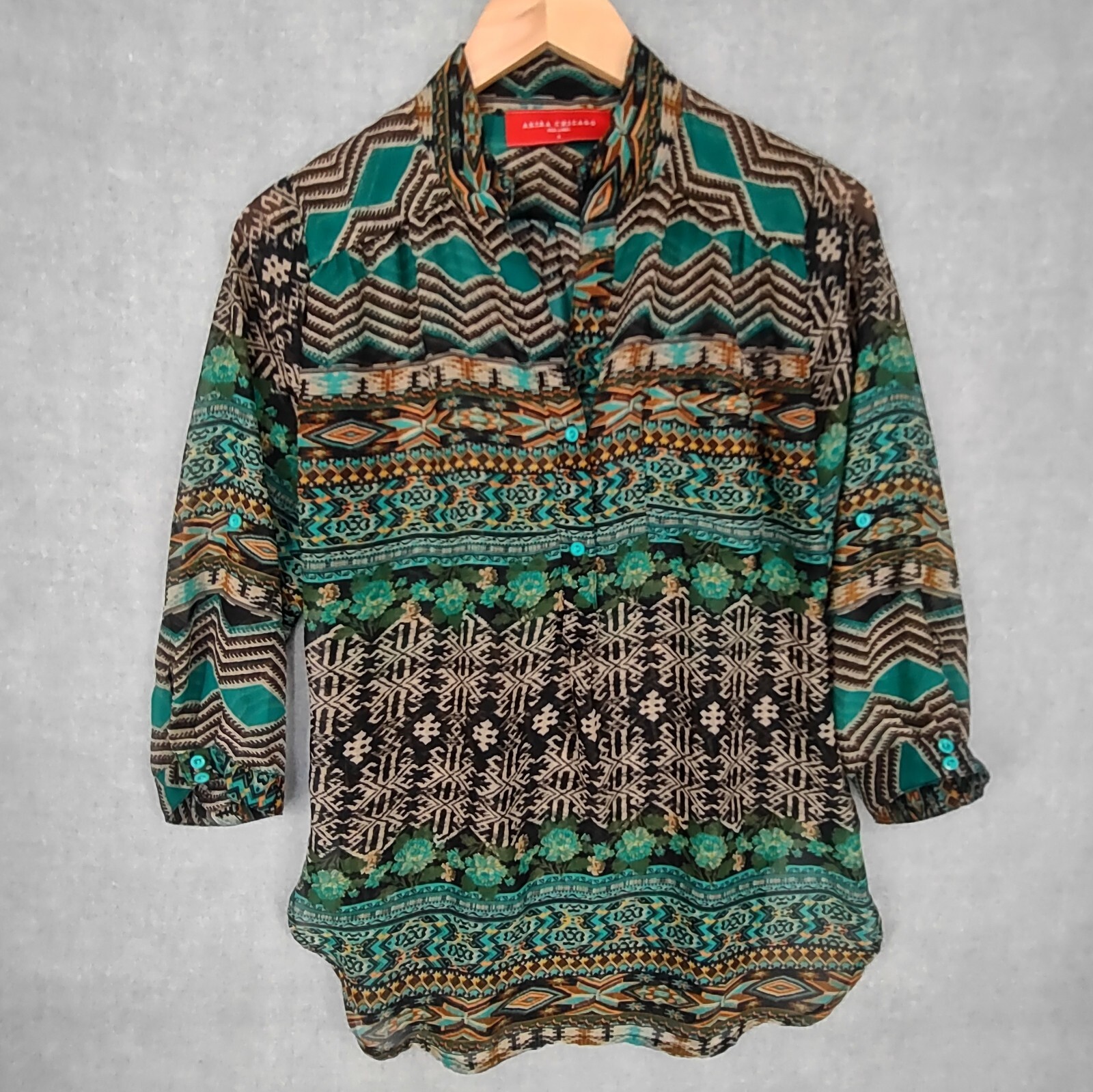 Akira Top Womens Small Multicolor Bohemian Chiffon Henley Southwestern Tunic