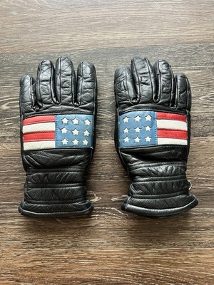 Vtg ARIS Ski Moto Gloves Black American Flag Leather Women s Size M Down Lining
