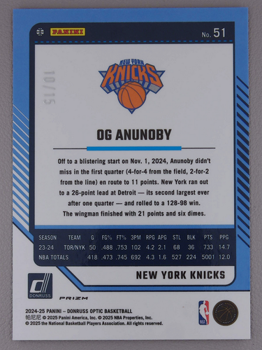 OG Anunoby 2024-25 Panini Donruss Optic 10/15 White Knicks #51 - Picture 2 of 3