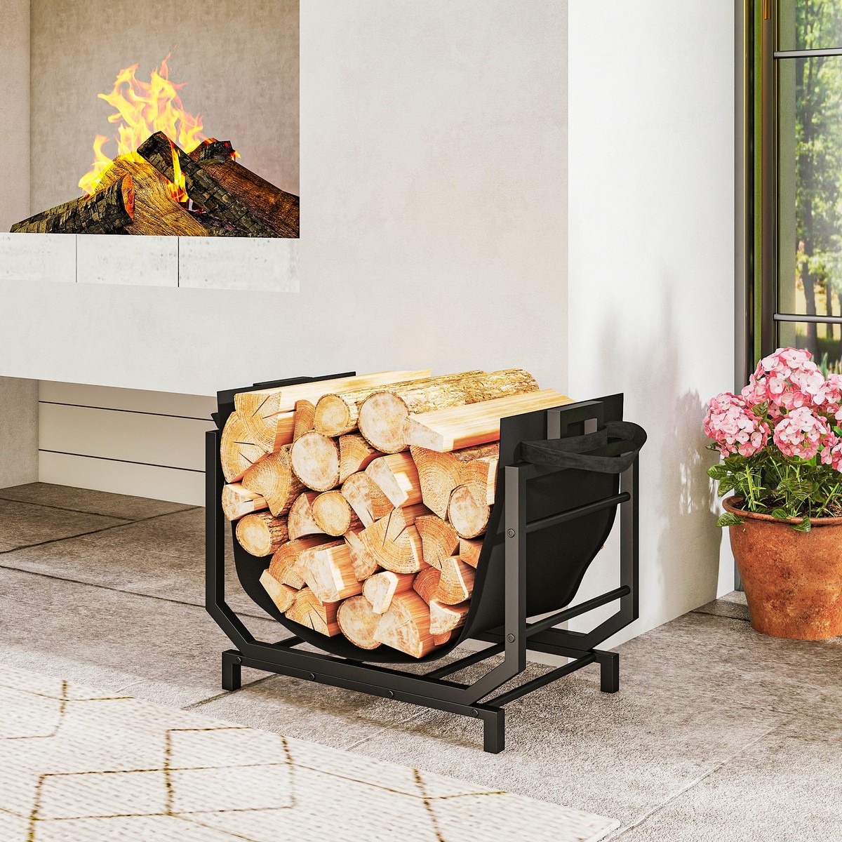 Outsunny Porta Legna Verticale Metallico 50x30x100 Cm - Per Interni Ed Esterni