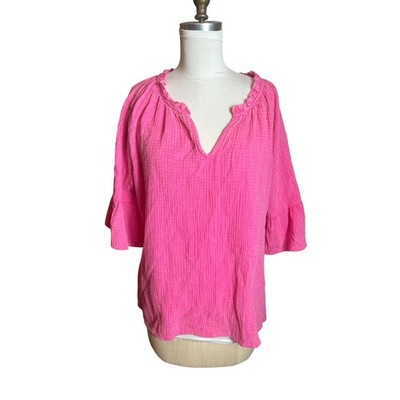 Tribal Jeans Women XXL Pink Double Gauze Cotton V-Neck Ruffle Blouse