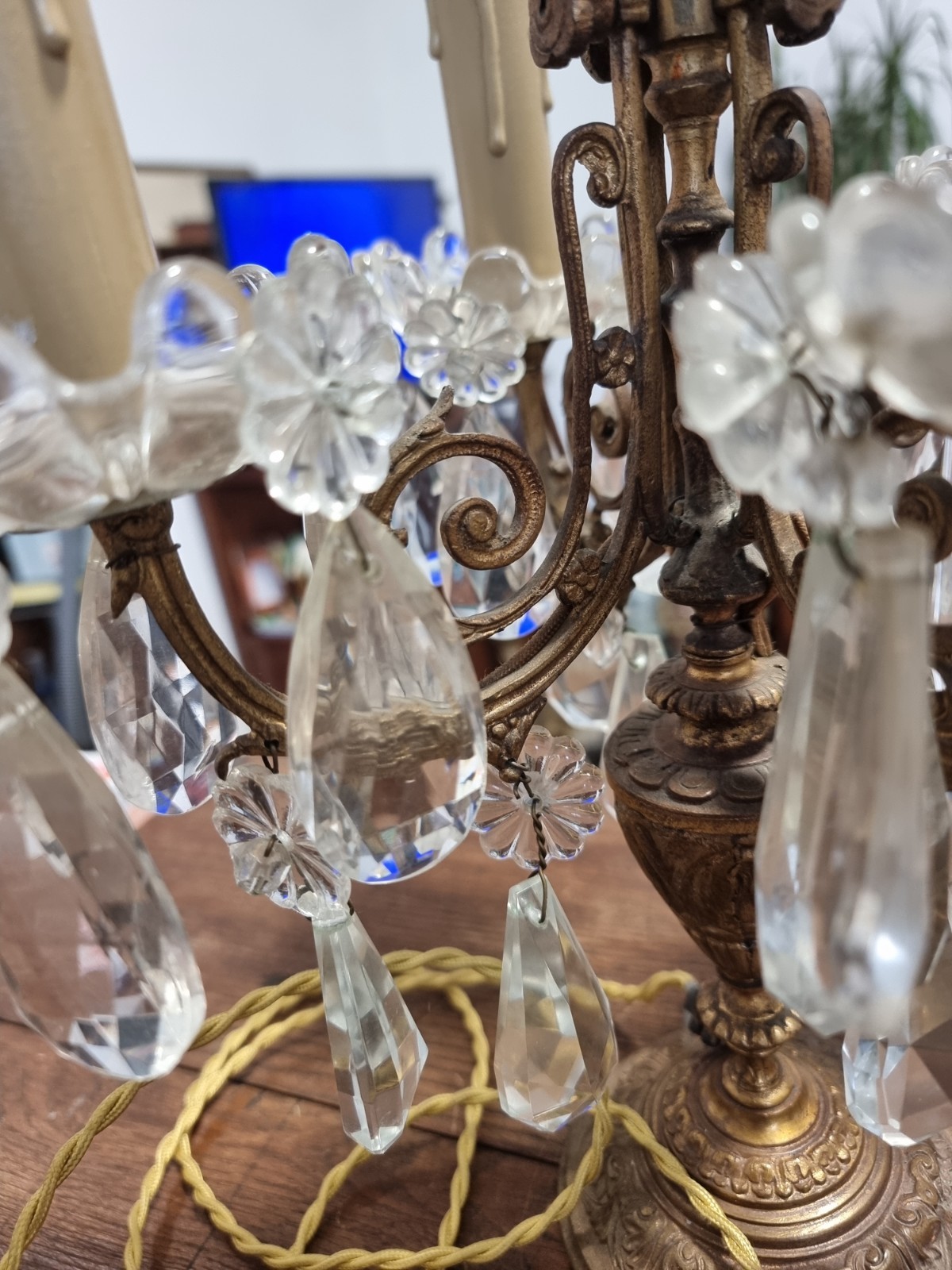 Golden table girandole late 19th century crystal tassels 5 lights style...