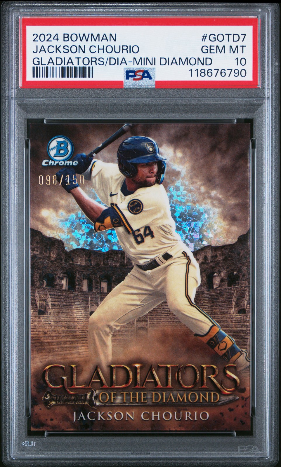 2024 BOWMAN GLADIATORS OF THE DIAMOND MINI DIAMOND JACKSON CHOURIO 98/150 PSA 10