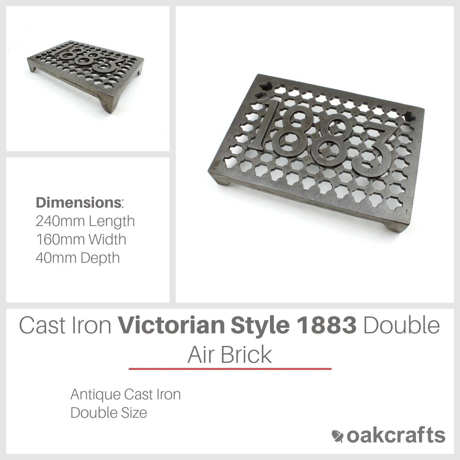 Antique Cast Iron Double Victorian Style 1883 Air Brick - 240mm x 160mm