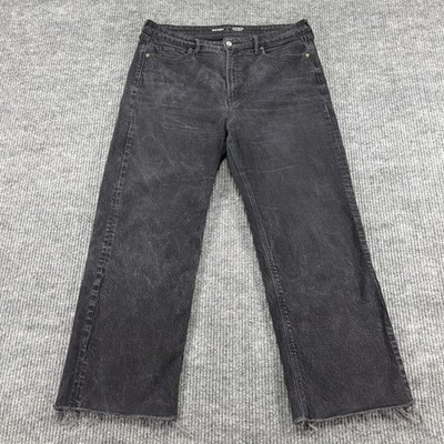 Old Navy Sky Hi Wide-Leg Jeans Womens 16 Charcoal Wash High Rise Raw Hem Denim