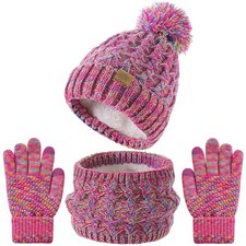 Kids Winter Beanie Hat Scart Gloves Set  Girls Fleece 6-8 Years, Rainbow Mix