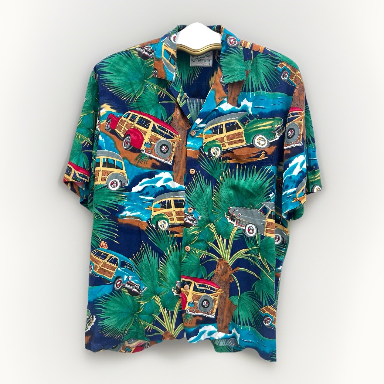 VTG Diamond Head Sportswear Hawaiian Shirt Woodie Surf Wagons Cars Rayon Men L