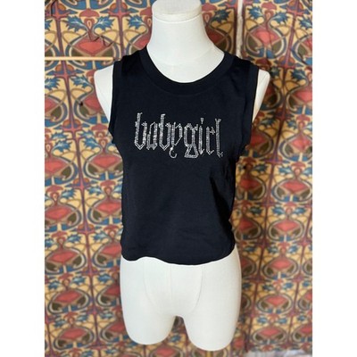 Babygirl Rhinestone Crop Top Sleeveless Black Tank Top Festival Rave large