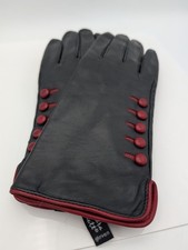 Vintage Black Leather Women's Gloves w/Red Buttons  Trim, Cashmere Lining