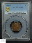 1911 S Lincoln Wheat Copper Cent 1C PCGS AU 50