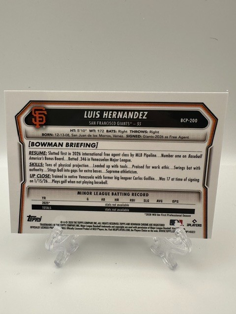 2026 Bowman Chrome - Prospects Luis Hernandez #BCP-200 Purple Refractor /250 view 2