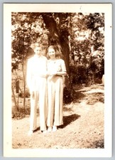 Vtg B&W Snapshot Smiling Couple Standing Outdoors Trees July 1939